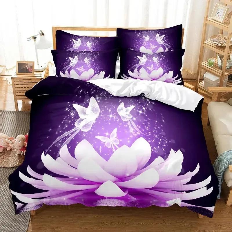 Purple Bedding Set Violets Dog Duvet Cover Quilt Cover 3D Lavender Butterfly Double For Full King Queen Twin Single Size