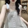 Design Sense Niche Irregular Splicing Fake Two-piece Floral Suspender Dress Women's Summer Small Fringed Skirt