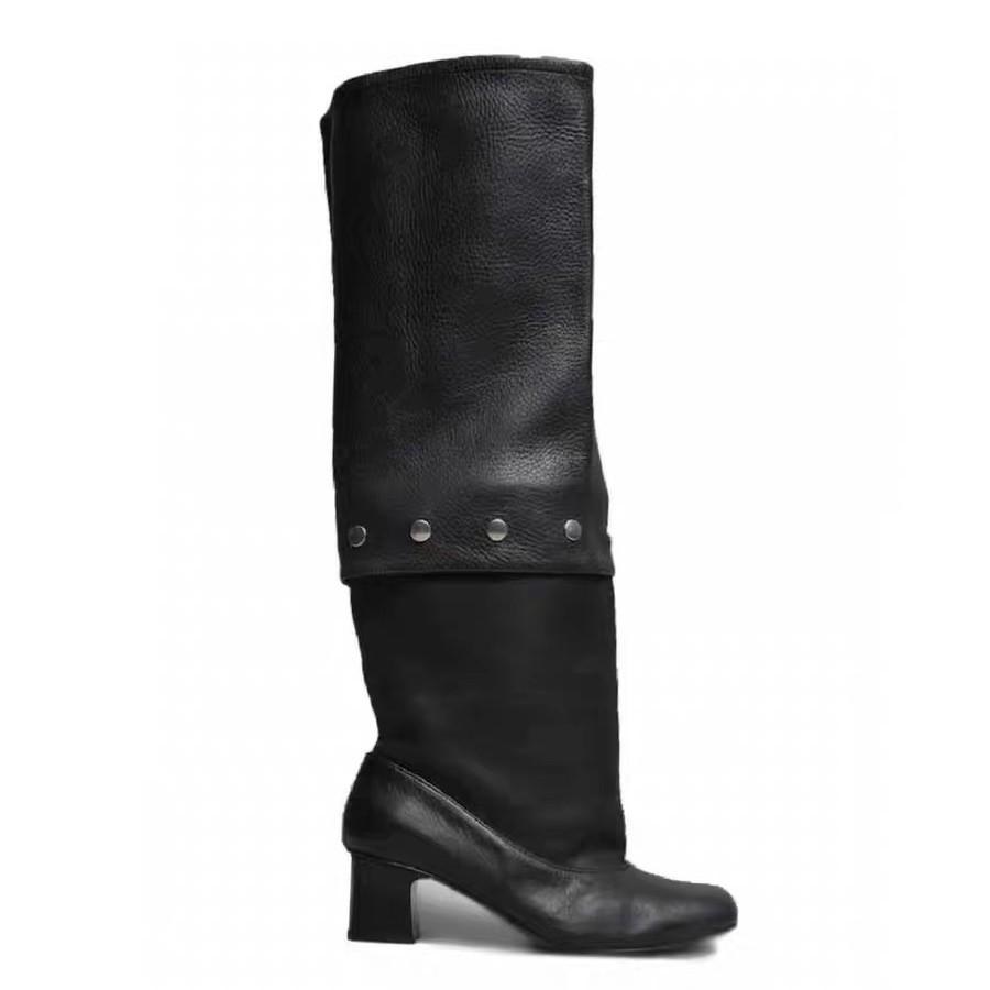 Two-wear removable knee-length boots, new retro thick-heeled rivets, thin tall stacking boots