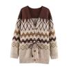 Womens Vintage Jacquard Knit Cardigan With Waist Belt Loose Fit V-Neck Long Sleeve Mid-Length Sweater