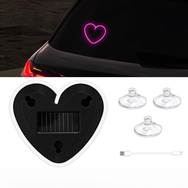 1 Set Heart-Shaped Rgb-Free Color-Changing Interior Wiring Free Atmosphere Light Solar-Powered Led Car Window Neon Lights