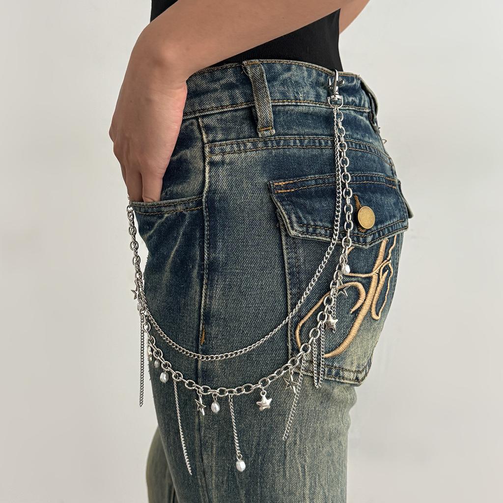 Minimalistische Stern Kreuz Kette Denim Anhänger INS Hip Hop Kunstperlen Quaste Hoschenkette für Männer Frauen Täglich Straße Party Accessoire