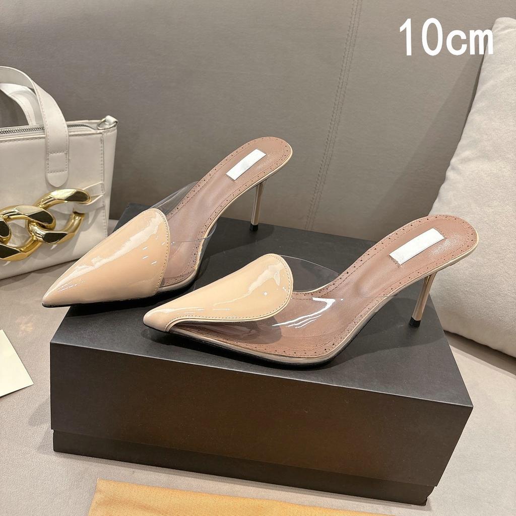 Fashion 2025 New Style Patent Leather Pvc Heart-Shaped Pointed-Toe Thin Heel Half-Slippers High Heel Sandals For Women'S Summer