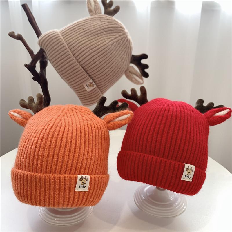 Kids Christmas Cap Cute Elk Ear Baby Beanies Cartoon Antlers Toddler Crochet Bonnet 1-4 Year Children Winter Warm Woolen Knit Hat