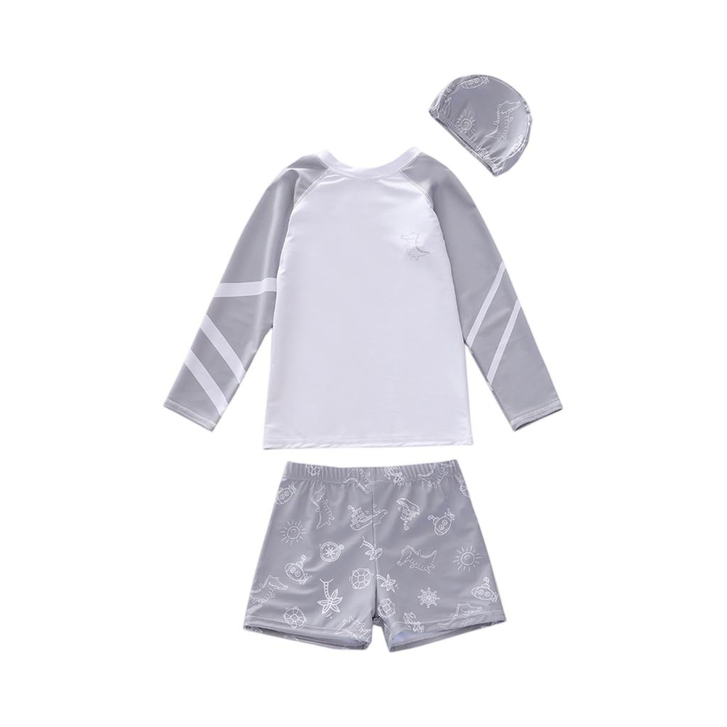 Boys Three Piece Swimwear Set Long Sleeve Rash Guard Swim Shirt Swim Shorts and Swim Cap Cartoon Print Lightweight Quick Dry