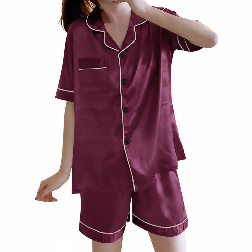 Set Pigiama Estivo da Donna a Maniche Corte con Bottoni, Collo a Tacca, Imitazione Seta, Leggero, per la Casa