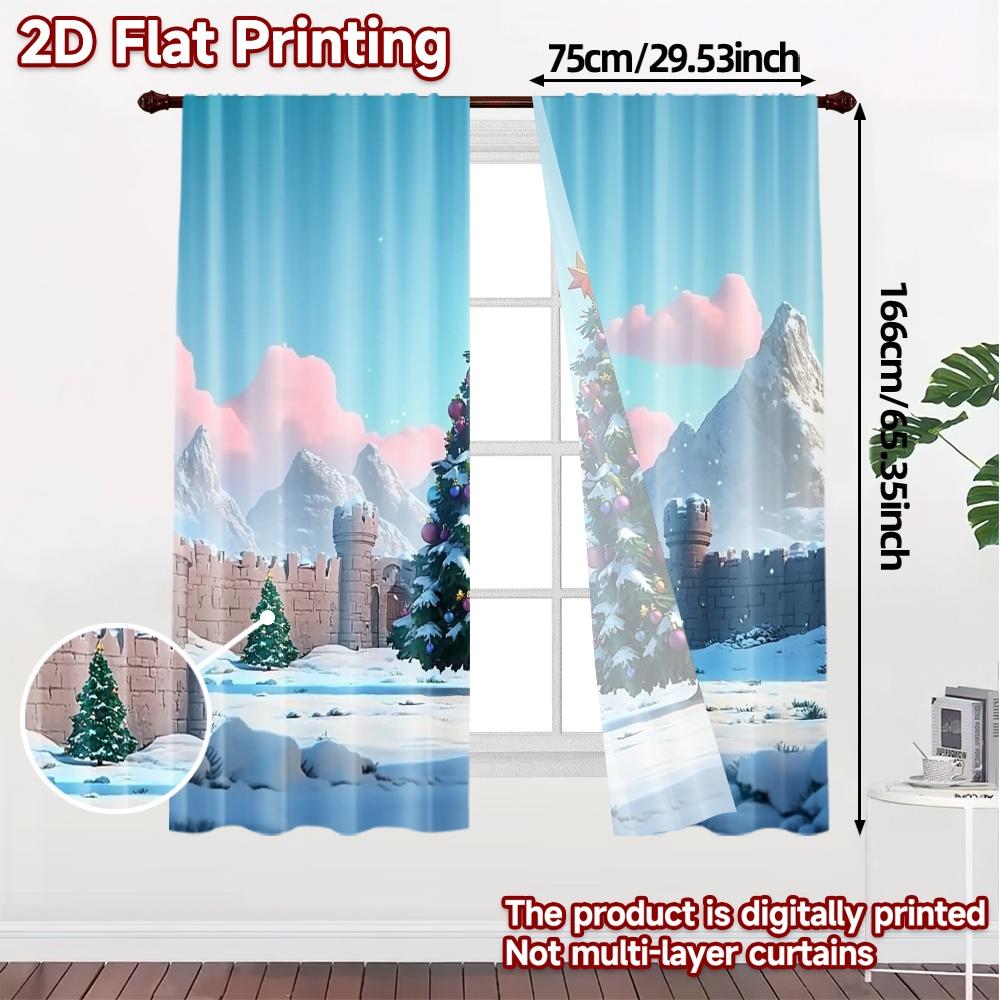 2pcs,Curtains Christmas Tree Snowy Mountains (2) Popular Curtain Cloth Machine Washable Fabric Curtains Festive Perfect for