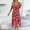 Women's Fashionable Off Shoulder Cross V-neck Flower Short Sleeve Printed Strap Holiday Dress