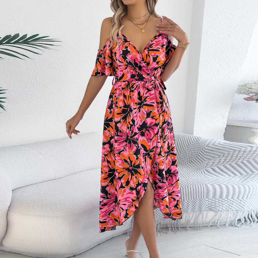 Women's Fashionable Off Shoulder Cross V-neck Flower Short Sleeve Printed Strap Holiday Dress