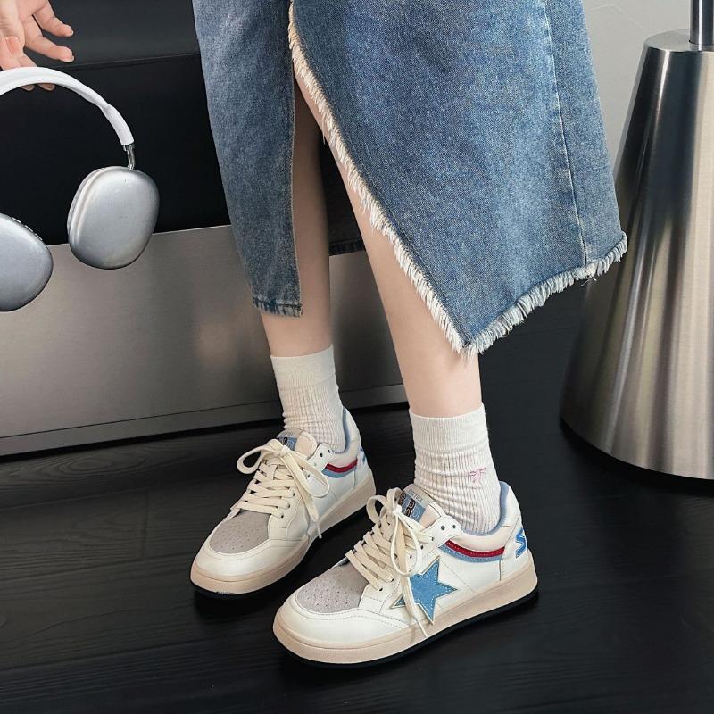 Retro burst pattern star shoes early spring new old color matching board shoes women's trendy leather casual shoes women