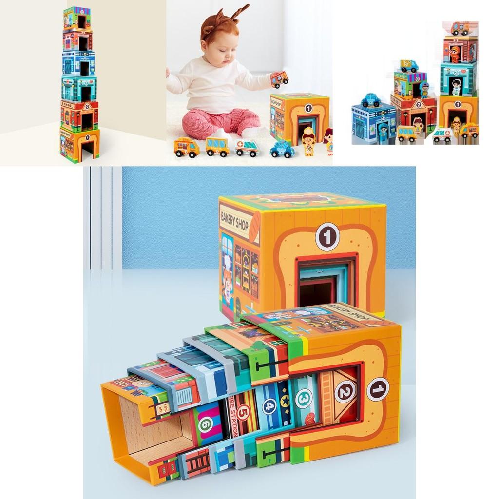 Wooden Stacking Toy Set For Early Education And Logic Development With Traffic Scene For Kids