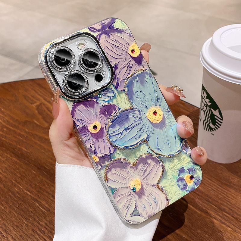 For iPhone 16 Pro Max Luxury Glitter Flowers Laser Pattern Clean Frame Phone Case For iPhone 13 14 15 16 Lens Protective Cover