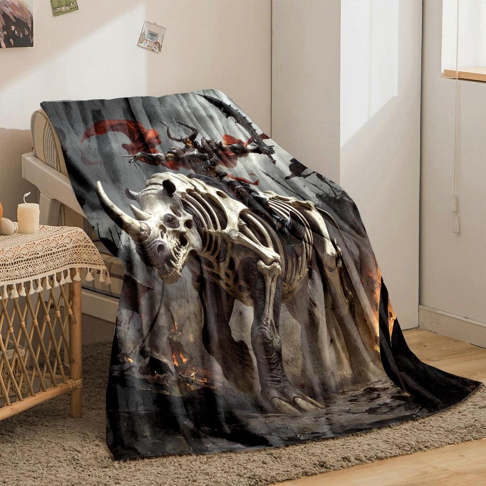 A skeletal rhino ridden by an armored figure with horns and a red cape. for all seasons blanket lunch break throw gift
