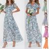 2025 New Beach Long Skirt Chiffon Floral Short Sleeved Ruffle V-neck Fashionable Waist Cinching Dress