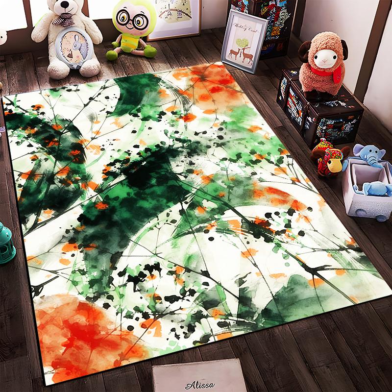 Abstract Art Style Carpet with Green, Orange, and White Modern Design Suitable for use as an anti-slip for living room bedroom sofas