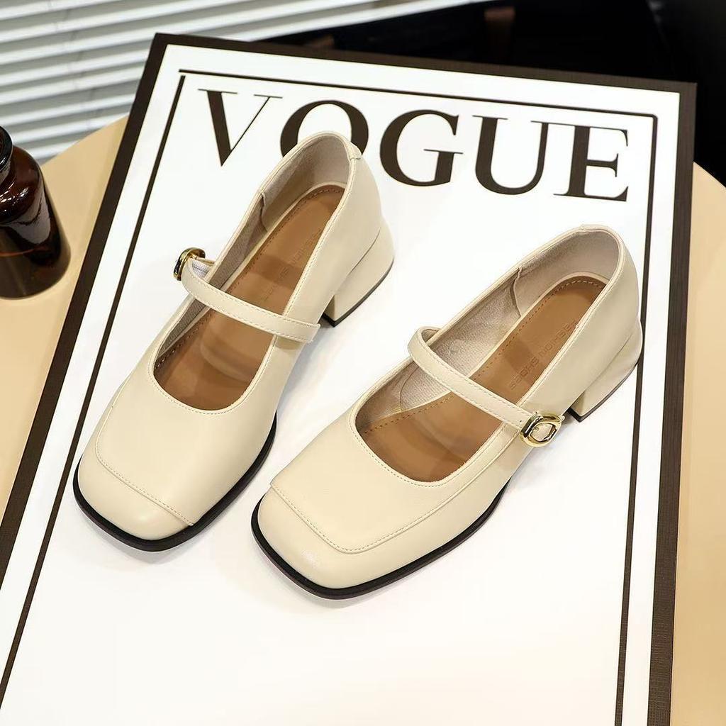 French temperament one-word Mary Jane shoes new autumn retro light mouth square head thick heel single shoes