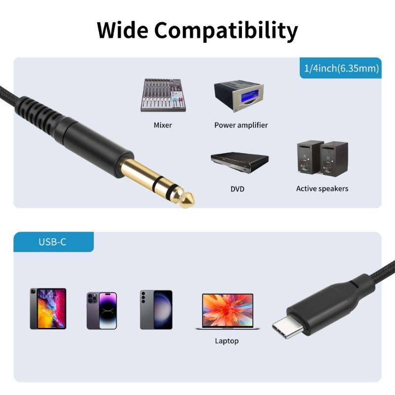Type C To 6.35mm Cable Cord Electric Guitar Connection Wire Line USB C To 1/4inch TRS Recording Cable Line Black