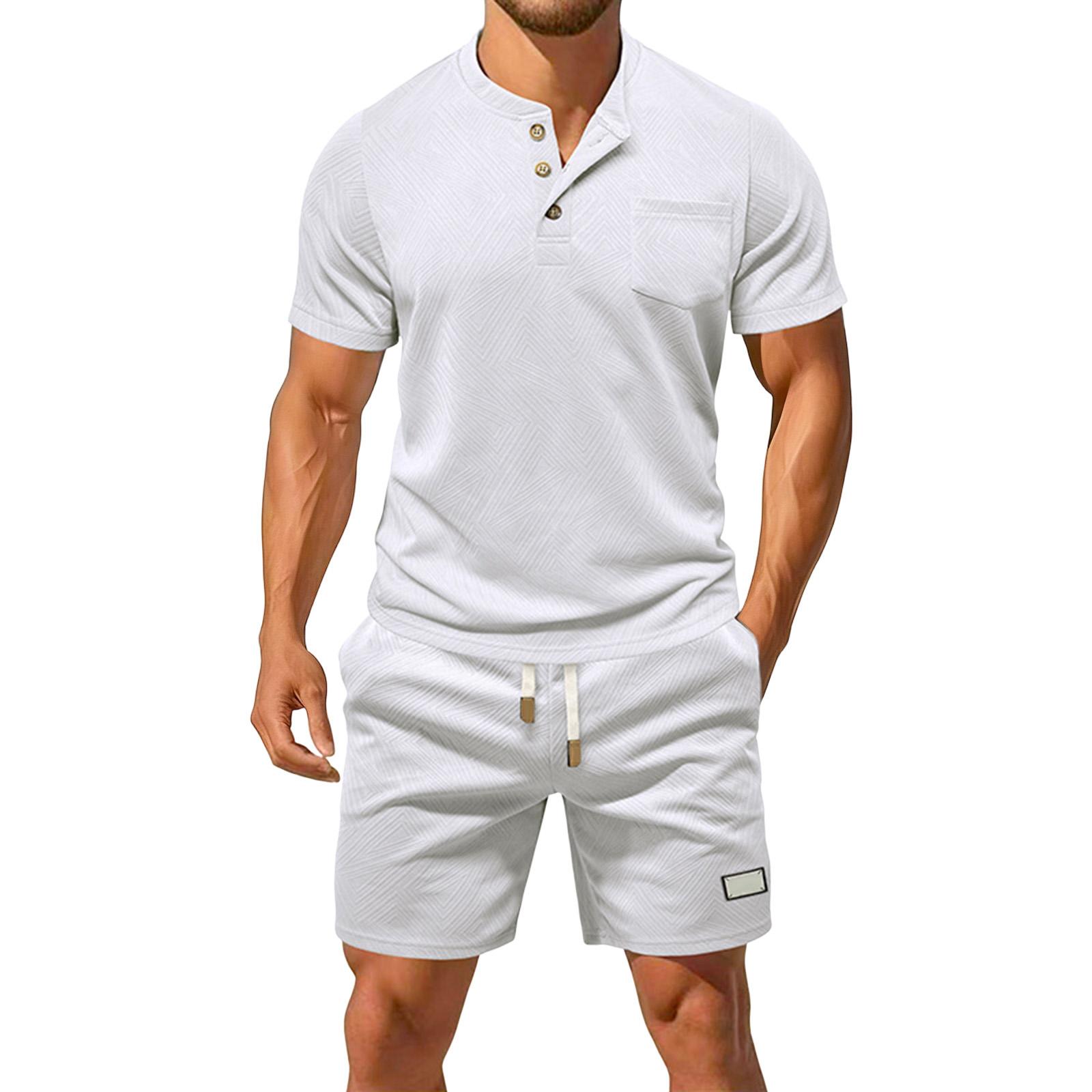 

Men s Summer Color Loose Striped Textured Round Neck Top Shorts Set XL білий