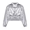 Unisex Kids Metallic Shiny Jacket Turn Down Collar Long Sleeves Flap Pockets Dance Coat