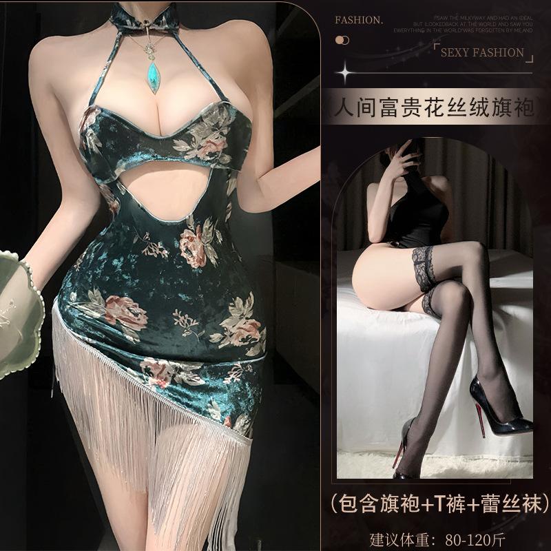 Sex Underwear World Rich Flower Velvet Printing Ancient Cheongsam Pure Desire Temptation Hip Skirt Set
