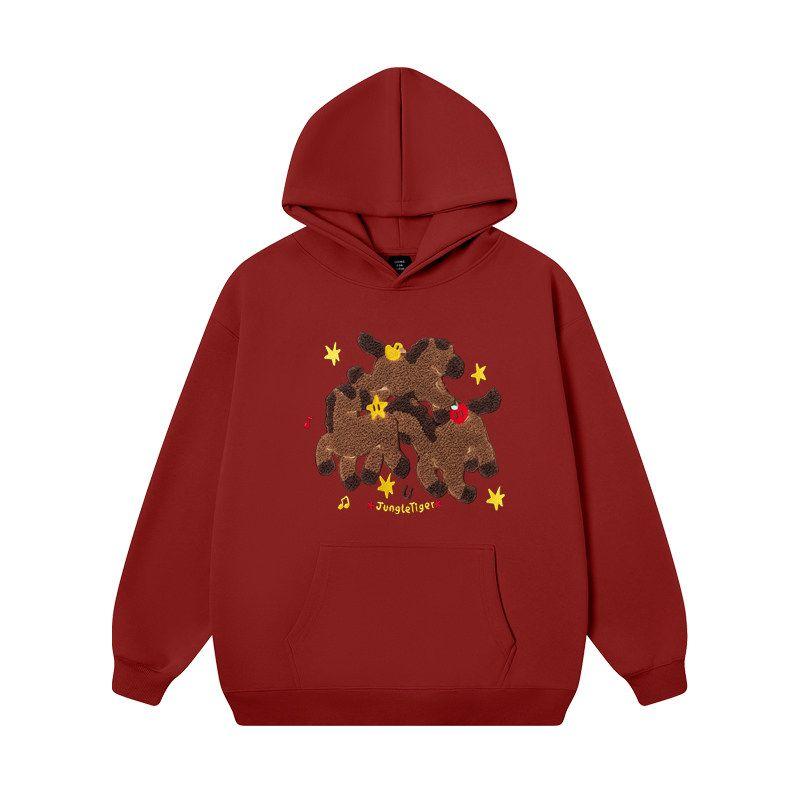 Jungle Tiger Towel Embroidery Three Little Horses Heavyweight Hooded Sweatshirt Unisex Trendy Brand Zodiac Year New Year Horse Year Clothing