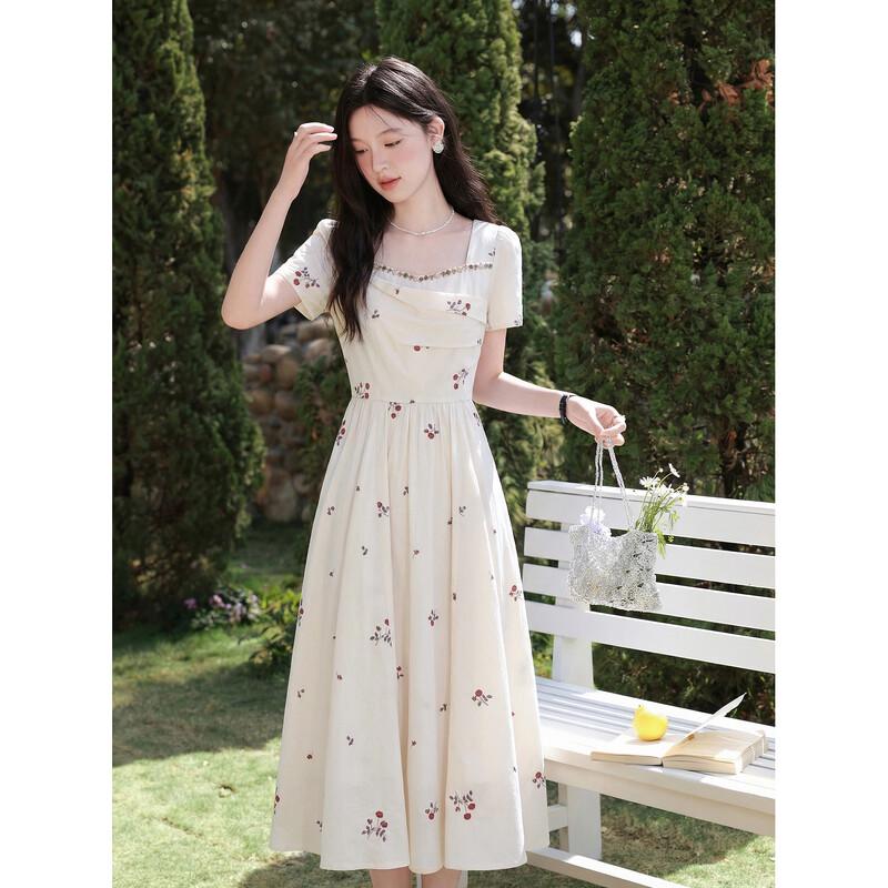 Lu Xiangnan Women s Apricot French Short Sleeve Dress S
