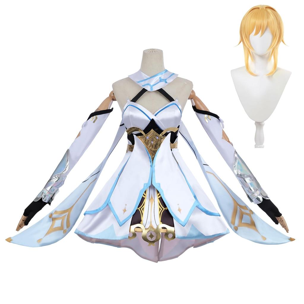 Genshin Lumine Cosplay Costume with Honorable Knight Traveler Full Adult Costume for School Genshin Impact with Size [Excellent Quality] Wig, (Little