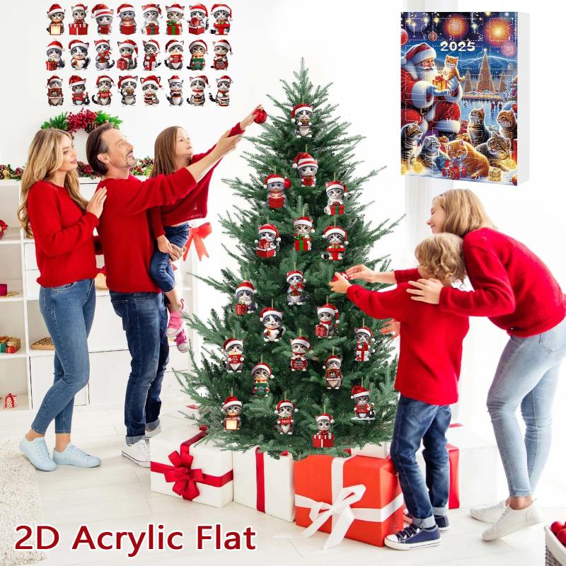 Kätzchen Adventskalender 2025 2D Acryl Katzenanhänger Weihnachtsbaumdeko 24 Tage Weihnachten Countdown Kalender Geschenk Für Katzenliebhaber