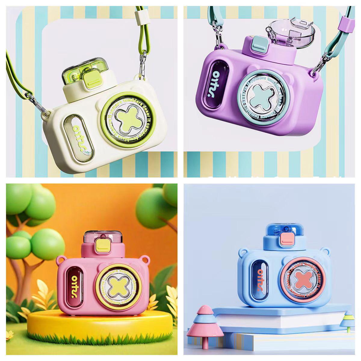

Summer Kids Cute Drop-Proof Camera Straw Cup - High Temperature Resistant Crossbody Water Bottle Camera Cup - Green with Strap
