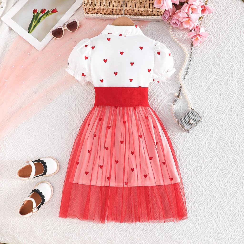 2-8Y Girls' Skirt Love Printed Princess Skirt Mesh Flying Sleeves Puffy Skirt Sweet Fashion Long Skirt
