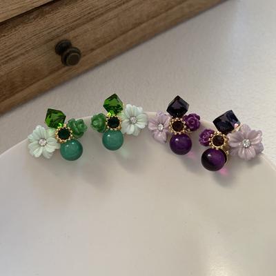 Resin Oil Painting Style Advanced Sense Light Luxury Temperament Stud Earrings Retro Maple Rhyme Purple Flower Zircon Versatile Earrings