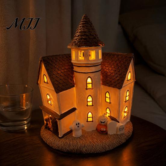 Decorative Mantelpiece Items Vintage Light-Up Cottage Halloween Decoration, Gothic Ghost Pumpkin Village House Miniature for Dioramas Figurine,