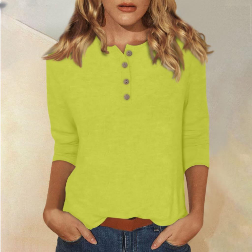 Women's Long Sleeve Round Neck Button Detail Blouse Solid Color Casual Top