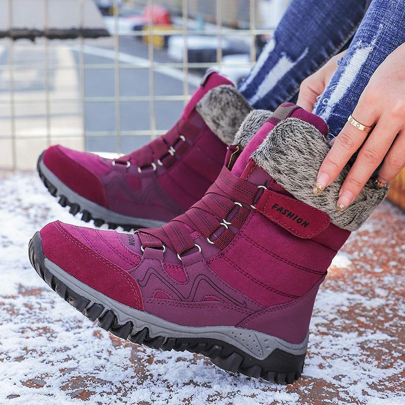 Women Winter Velvet Plus PU Snow Boots Casual Suede Medium Warm High Top Cotton Shoes Large Antiskid Solid Color Lace Up Rope
