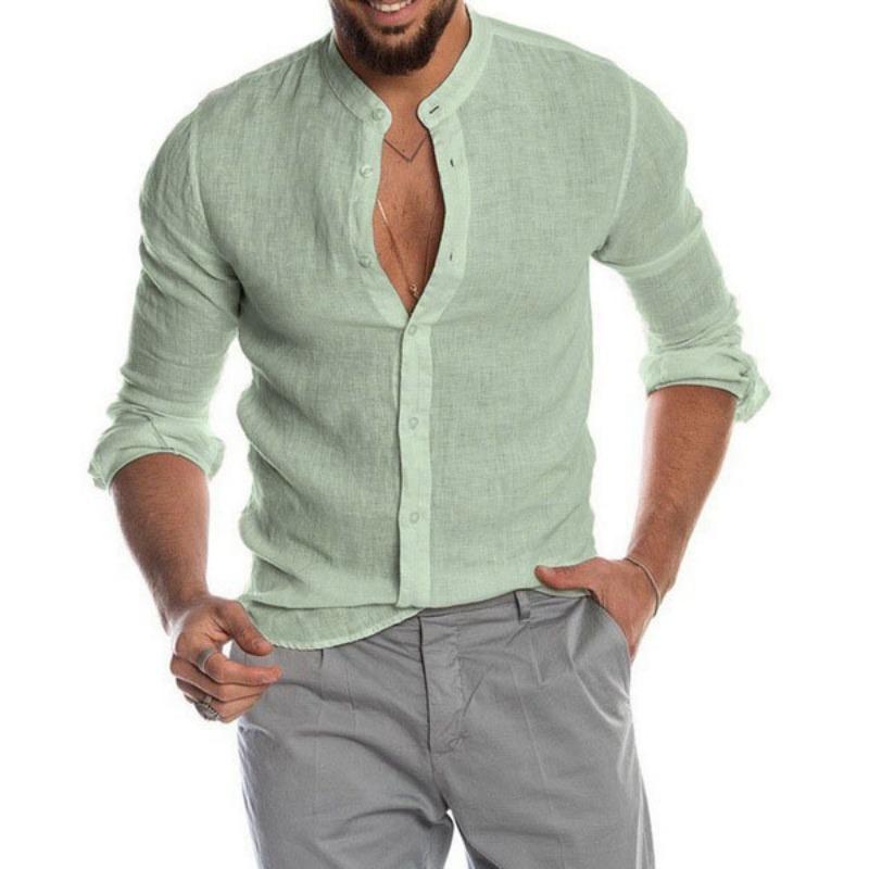 Autumn Winter V-neck Cotton Linen Cardigan Standing Collar Long Sleeved Men's Shirt