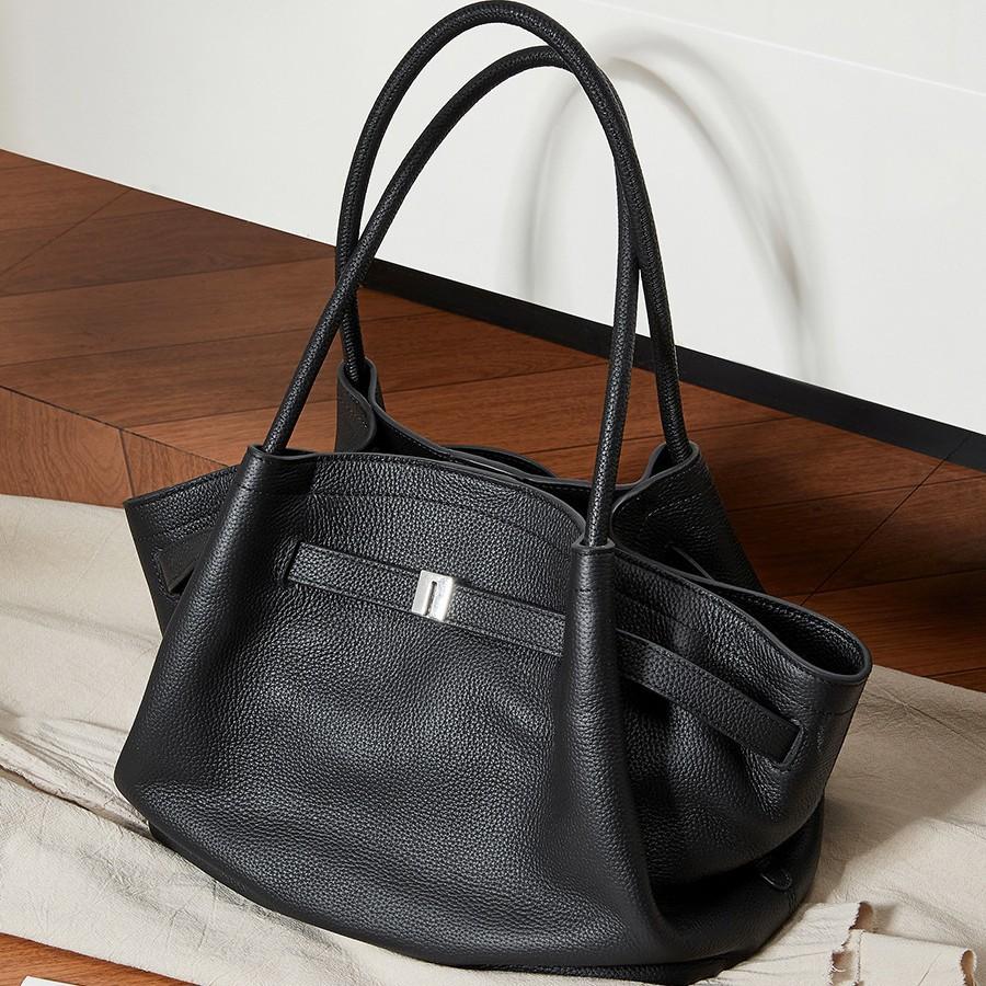 The First Layer Of Cowhide Large Fashionable And Simple Hand Bag Pleated Vegetable Basket Bag Temperament Genuine Leather Shoulder Portable Bag