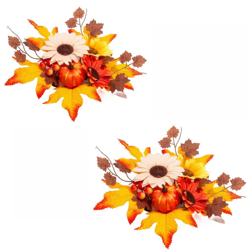 2 Piece Artificial Pumpkin Sunflower Maple Leaf Floral Arrangement for Autumn Thanksgiving Table Centerpiece Display Decoration