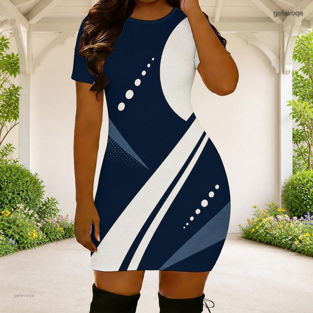 Women Plus Size Round Neck Short Sleeve Geometric Printed Fitted Mini Dress Black White Orange