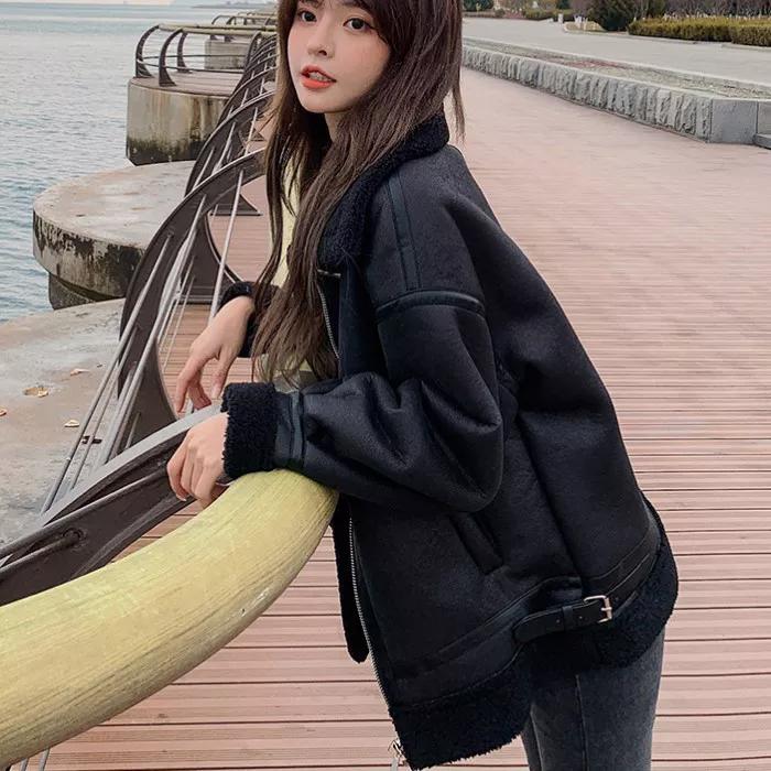 2026 Autumn and Winter Lamb Wool Coat Fur One Plus Velvet Thickened Grain Velvet Motorcycle Clothing