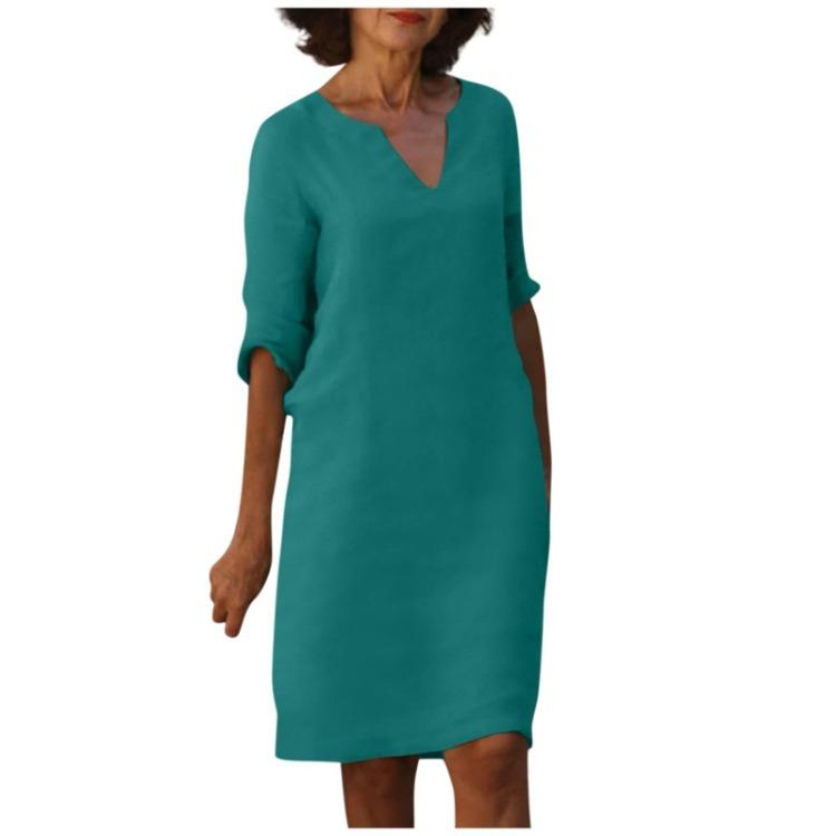 Retro High Waist V-Neck Cotton Linen Dress European American Style Solid Color Washed Wrinkled Fabric Three Quarter Sleeves