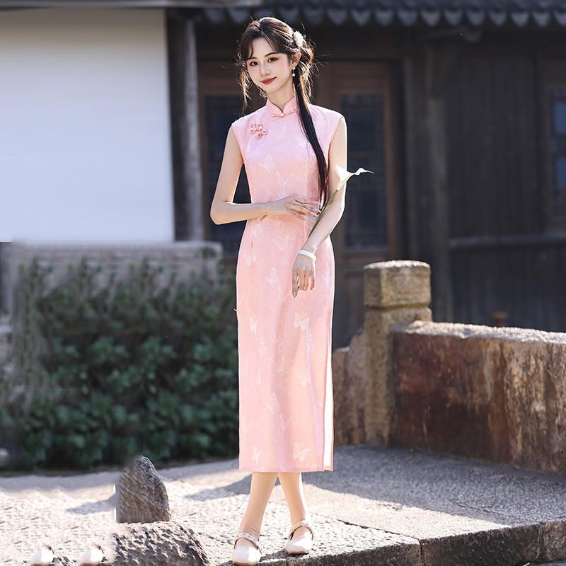 Elegant Pink Modern Chinese-Inspired Long Cheongsam Dress Women 2026 Vintage Style Sleeveless High Neck Small