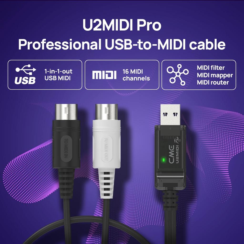 CME U2MIDI Pro Professionelles USB-MIDI-Schnittstellenkabel, Plug-and-Play-Adapter von auf MIDI, kompatibel mit Mac – 2 m, 1-in-1-out MIDI-auf-USB –