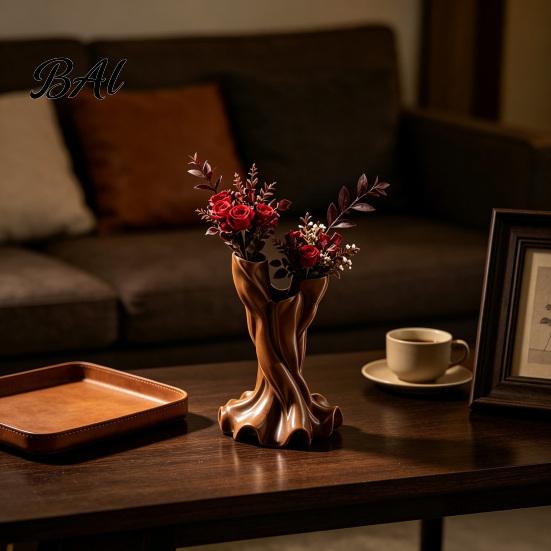 Double Tube Floral Container 3D Printed Flower Vase, Matte Wood Grain Ornament, Mid Durable Resin Planter Century Style Arrangement, for Dried Flowers