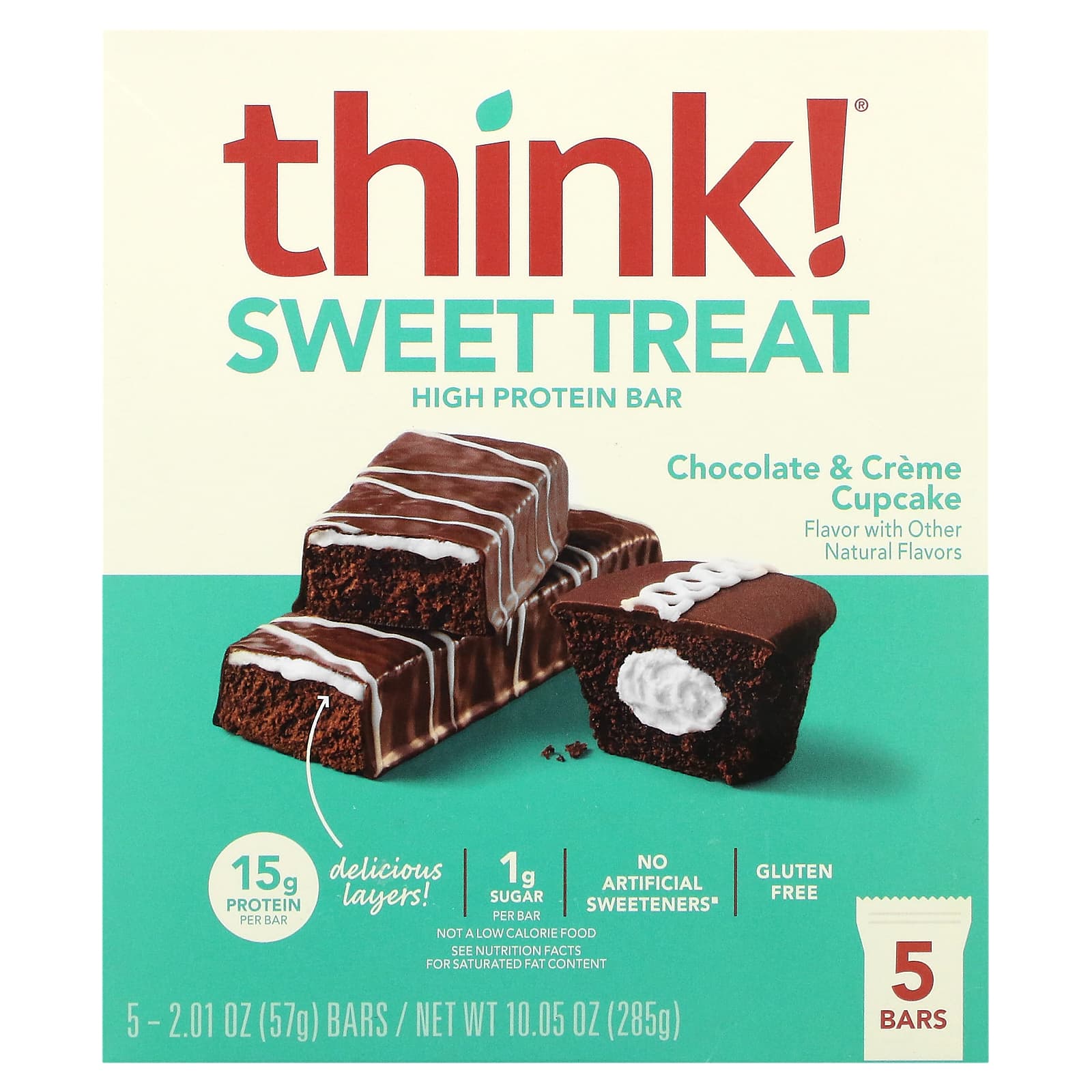 

Think !, Sweet Treat, High Protein Bar, Chocolate & Cream Cupcakes, 5 Bars, 2.01 oz (57 g)