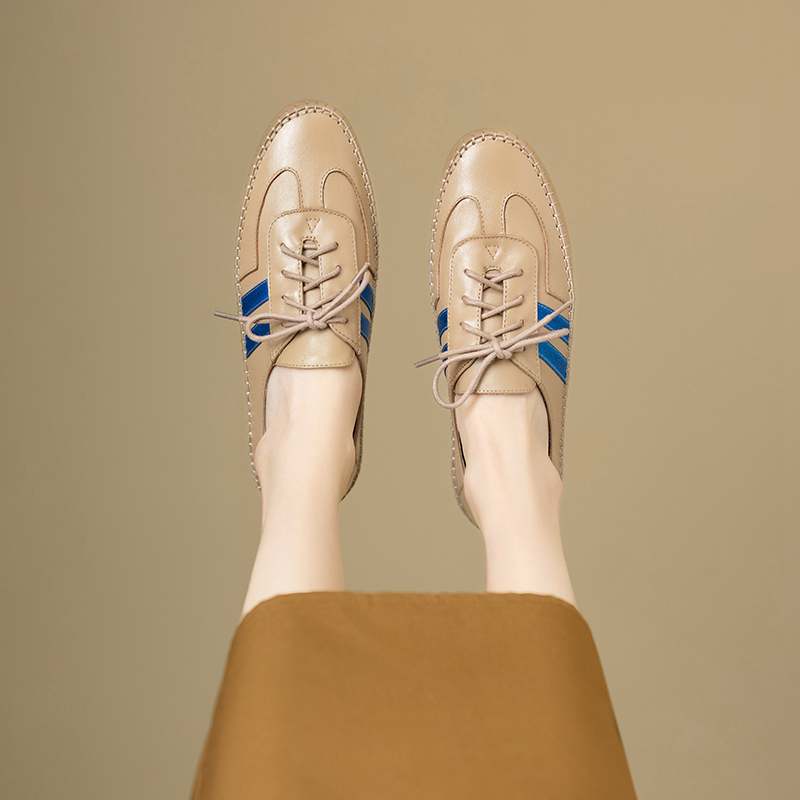 Krazing Pot Cow Skin Round Toe Size 43 Flat with Fashion Lace Up Leisure Handmade Comfortable Light Autumn Sneakers