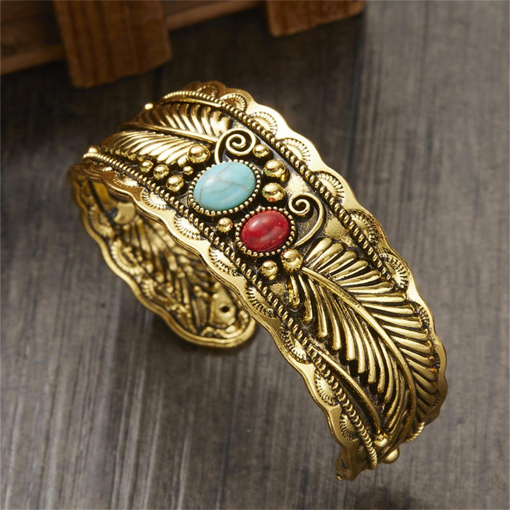 Vintage Antique Silver Color Leaf Red Blue Natural Stone Bracelets Bangles For Women Simple Ethnic Open Cuff Wristband Jewelry
