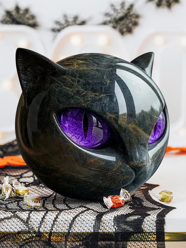 Resin Cat Head Stone Decorative Art Statue Cat Stone Statute for Halloween Bedroom Bookshelf Decoration
