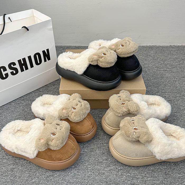 Women's Plush Slippers - Padded warm winter thick bottom heightened home slippers casual hiking indoor shoes snow cotton slippers