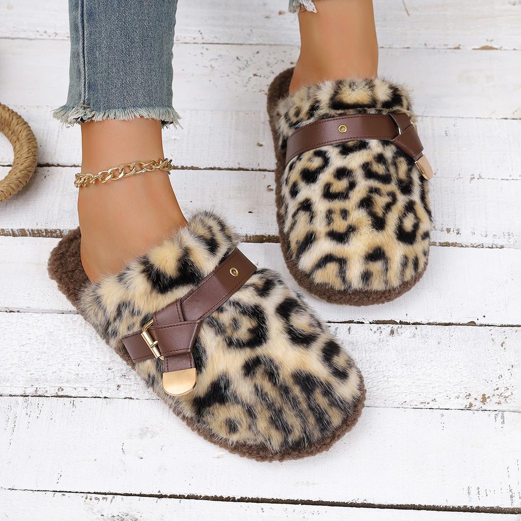 Women Thick Bottom Fur Slippers  Leopard Pattern Slides Women New Popular Head Cover Cotton Shoes Autumn Winter Outdoor Slippers