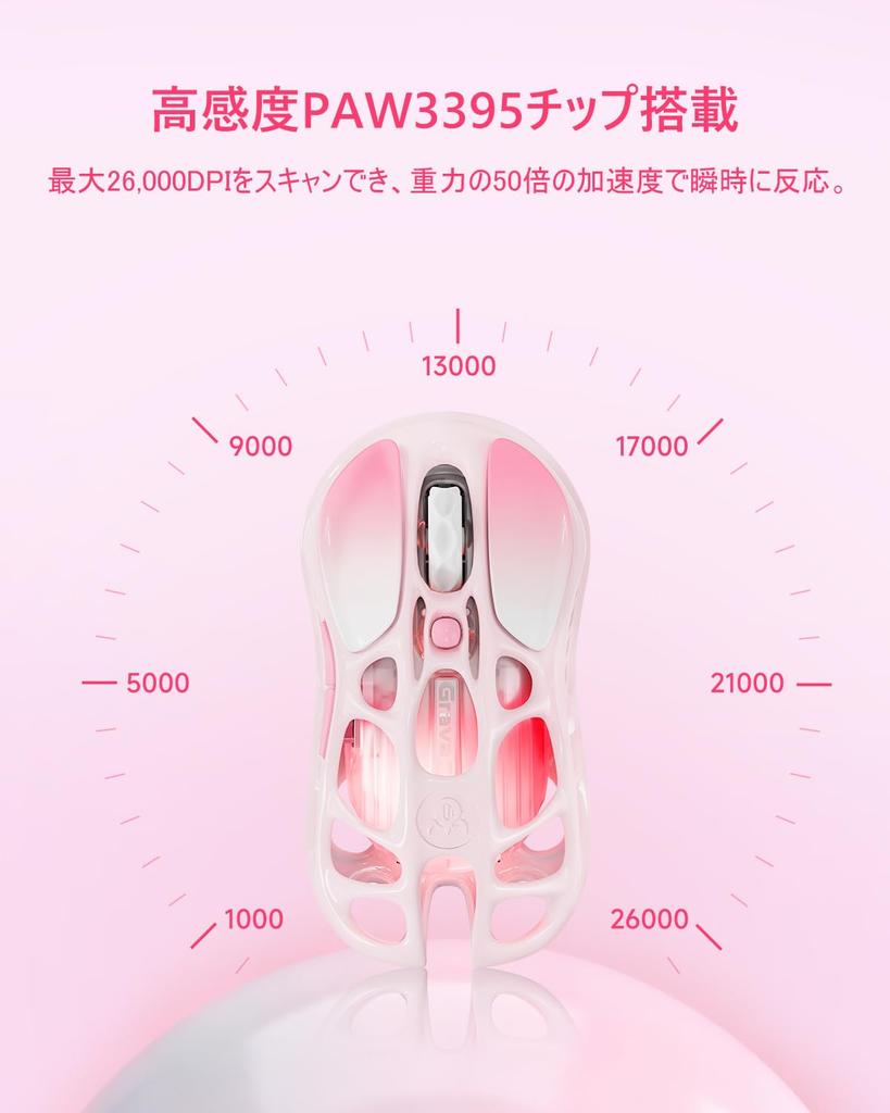 GravaStar Mercury M1 Pro Gaming Mouse, Cute Pink, Wireless/Wired, Lightweight, 4K Polling Rate, 26000 DPI, Low Latency, High Sensitivity, 2.4G/Bluetoo